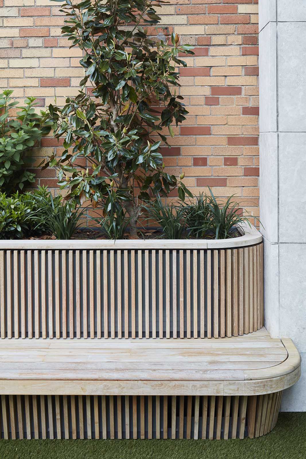 Detail of roof terrace bench designed by MBB Architects