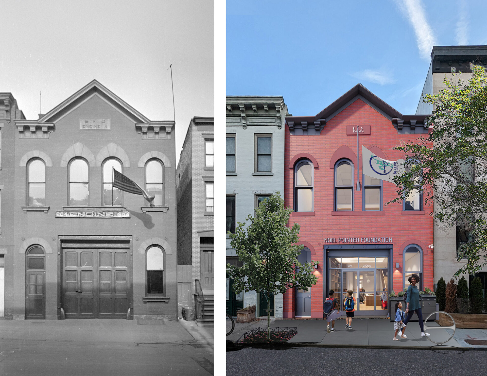 Historic photo of old firehouse on left paired with a picture of future reuse as a music school designed by MBB Architects