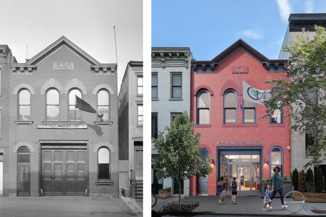 Historic photo of old firehouse on left paired with a picture of future reuse as a music school designed by MBB Architects